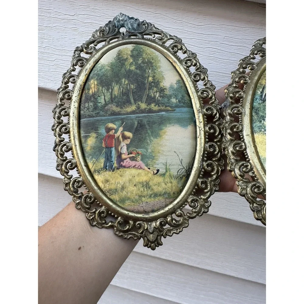 Vintage Victorian Brass Oval Ornate‎ Picture Frames Silk Children Outdoors X2